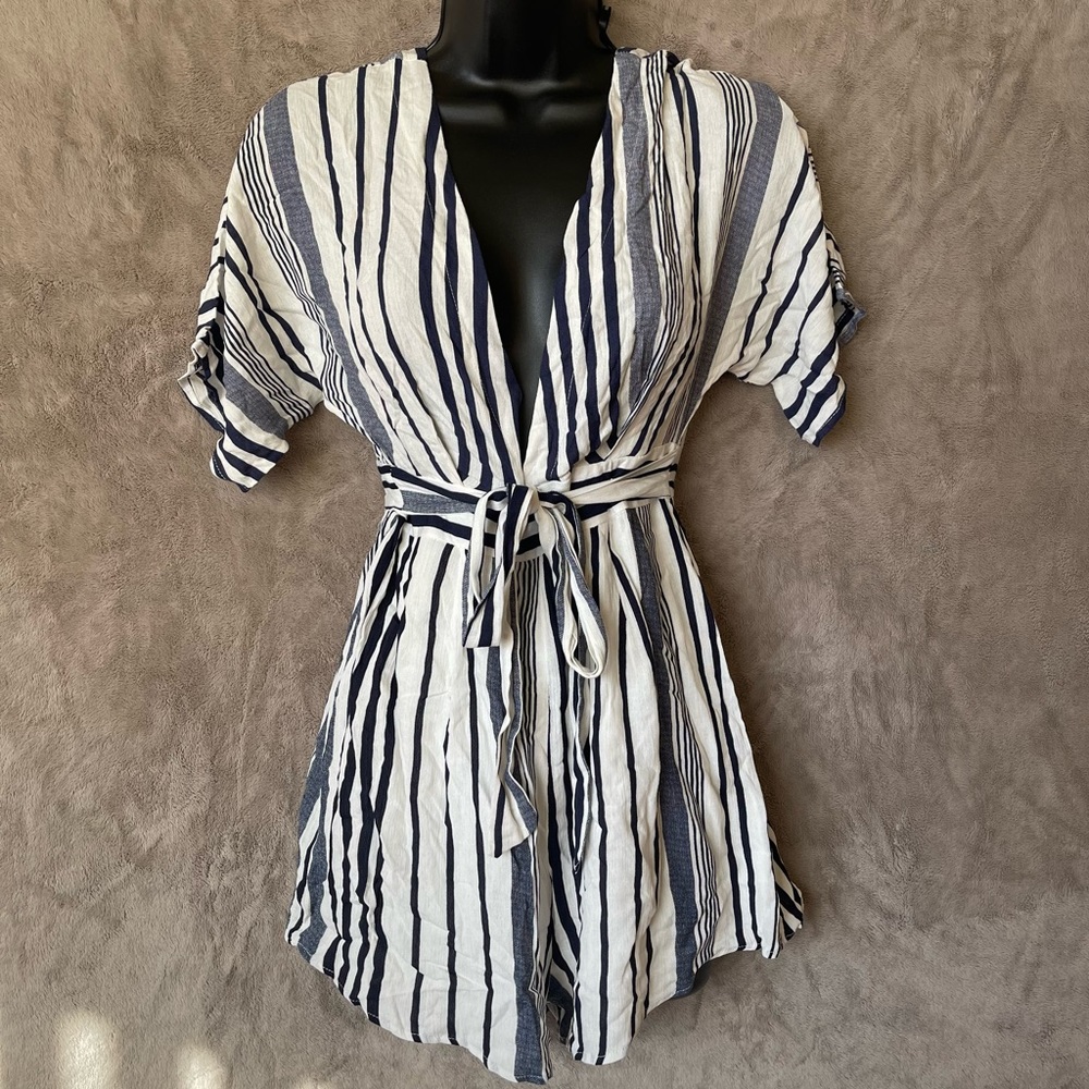 Blue and White Striped Tie Waist Romper